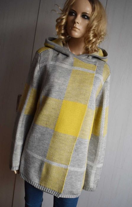 Sweter L 40 kardigan z kapturem w kratkę kratę dłuższy elegancki