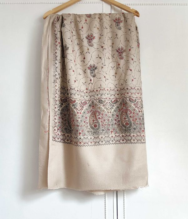 Duży szal orientalny indyjski haft paisley pashmina jasny beż