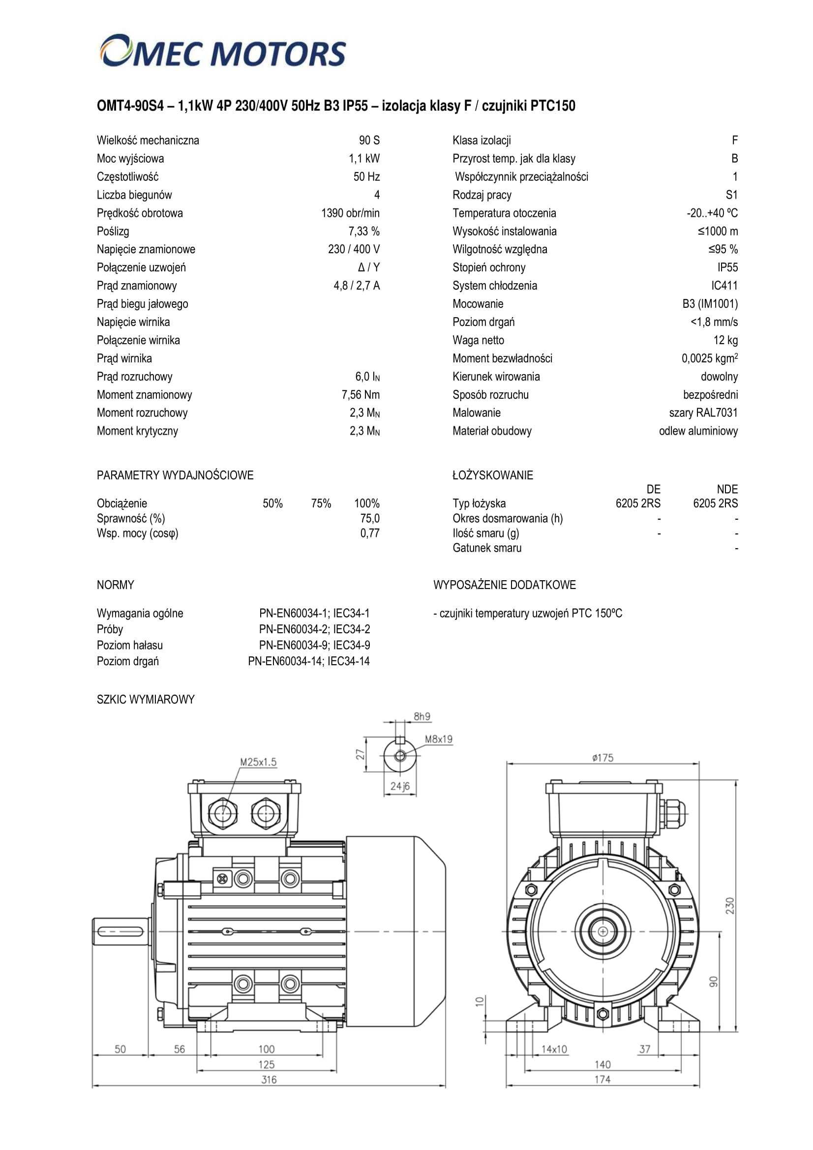 silnik elektryczny 1,1kW 1400obr. 3fazowy 90B3 OMT