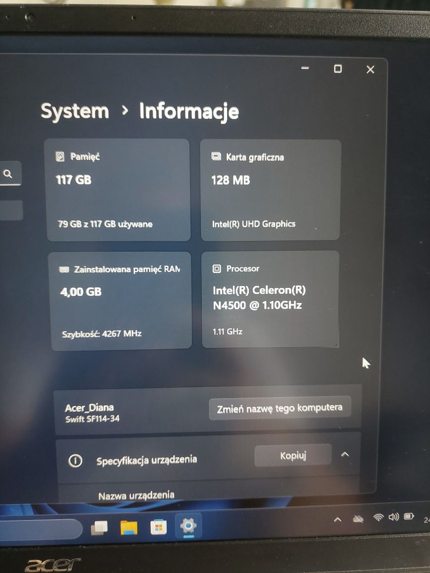 Laptop ACER Swift 1 4/120 GB SSD ekran full hd net note book
