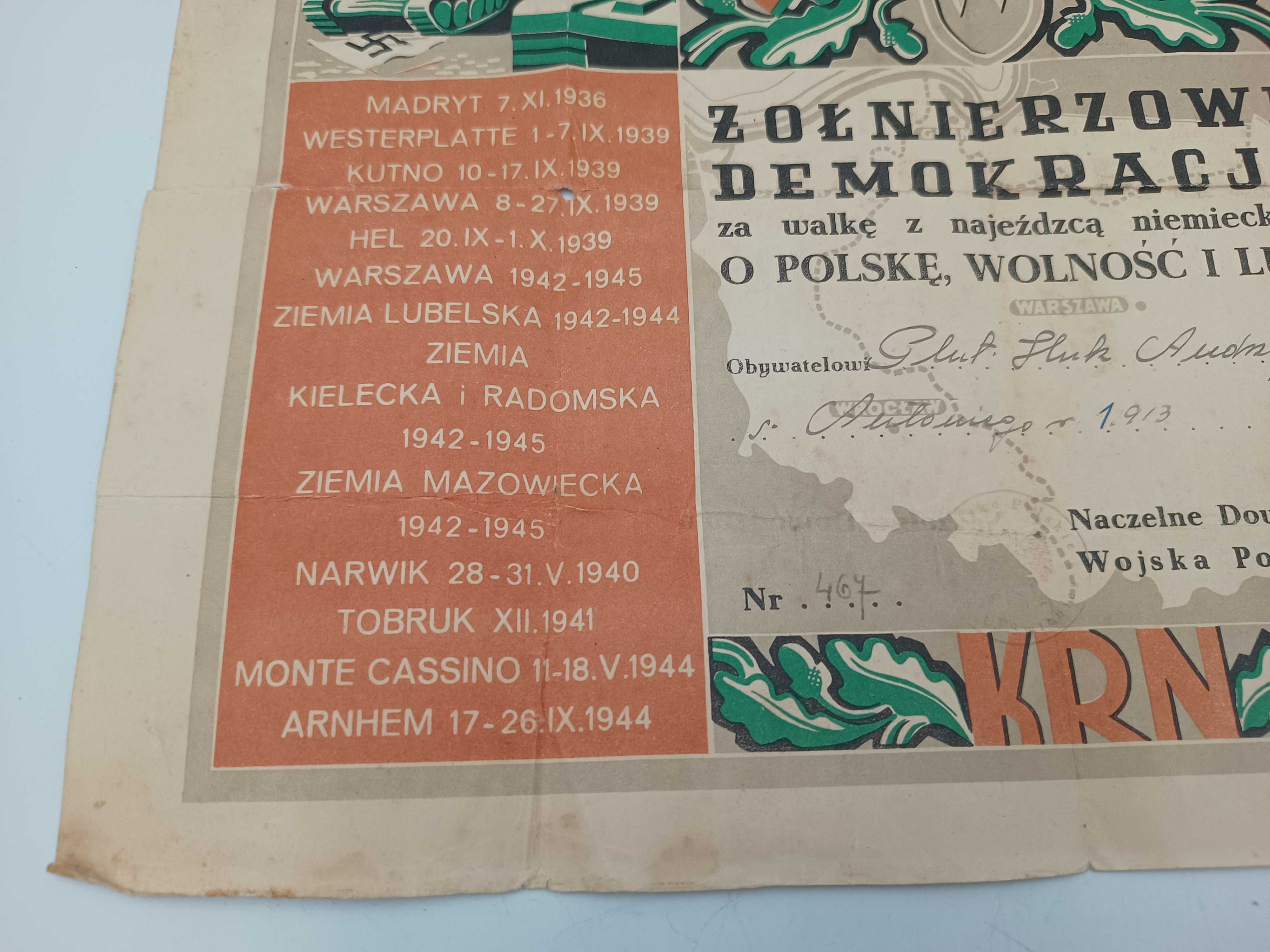 Dyplom Żołnierzowi Demokracji za walkę z najeźdźcą niemieckim