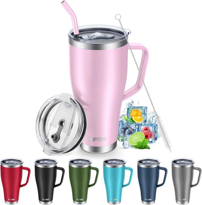 Kubek termiczny podróżny 850ml ze słomką, z 2 pokrywkami i uchwytem