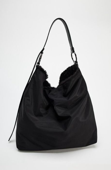Zara czarna torba futrzana tote futro dwustronna shopper XXL