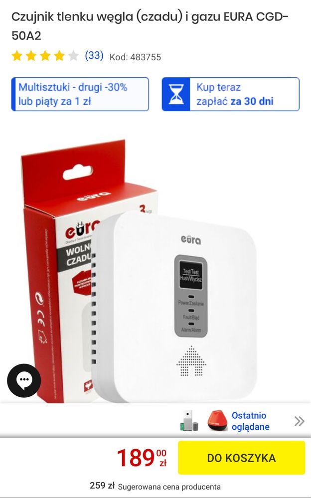 Czujnik czadu i gazu ziemnego EURA CGD-50A2. Lombard Łódź