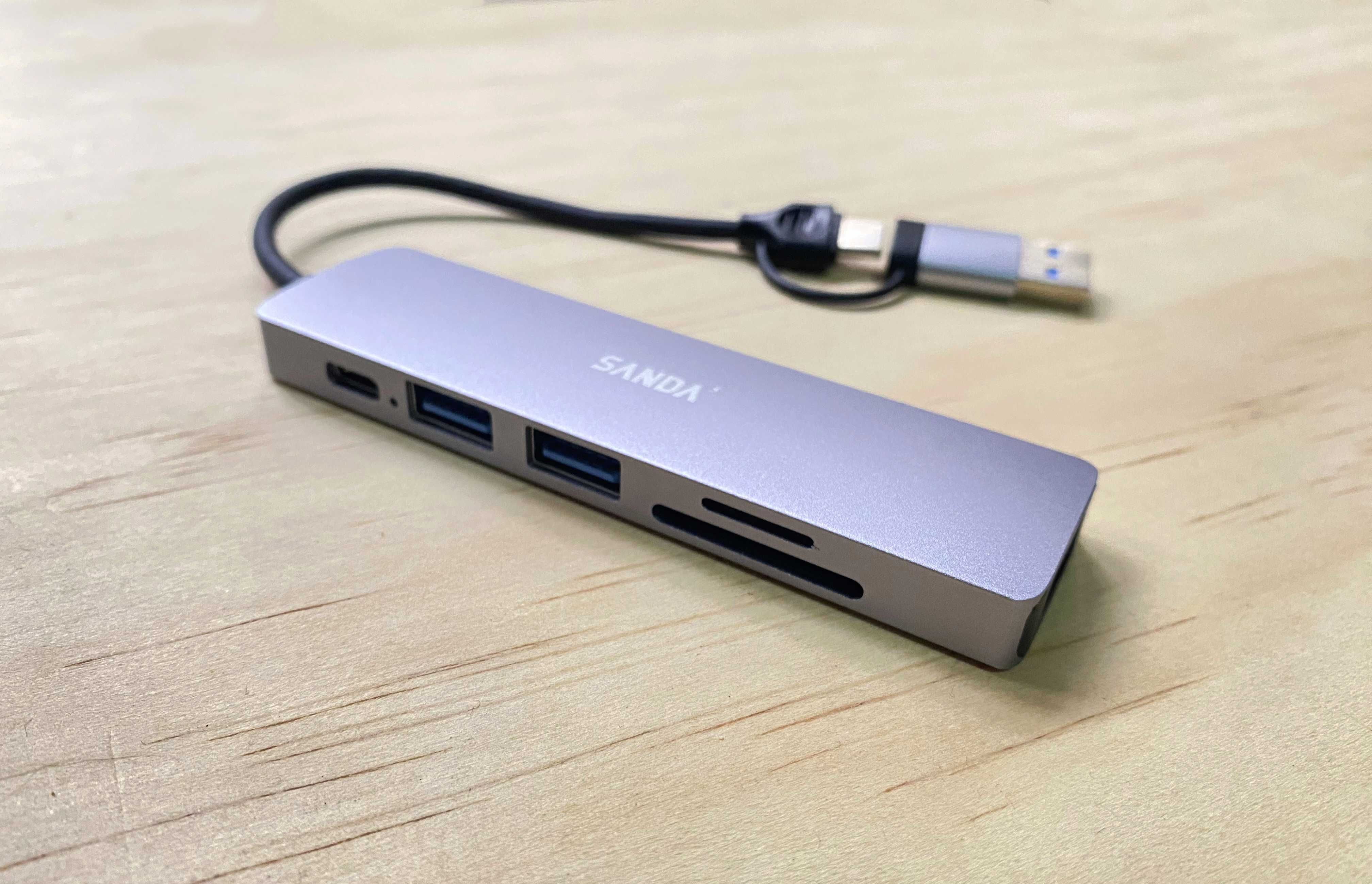 Adaptador USB-C e USB com leitor cartão TF/SD + 3 portas USB e 1 USB-C