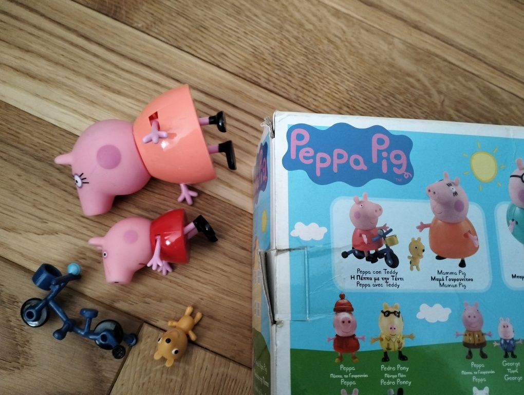 Peppa Pig Świnka Peppa Mama rowerek miś Teddy zestaw pudełko