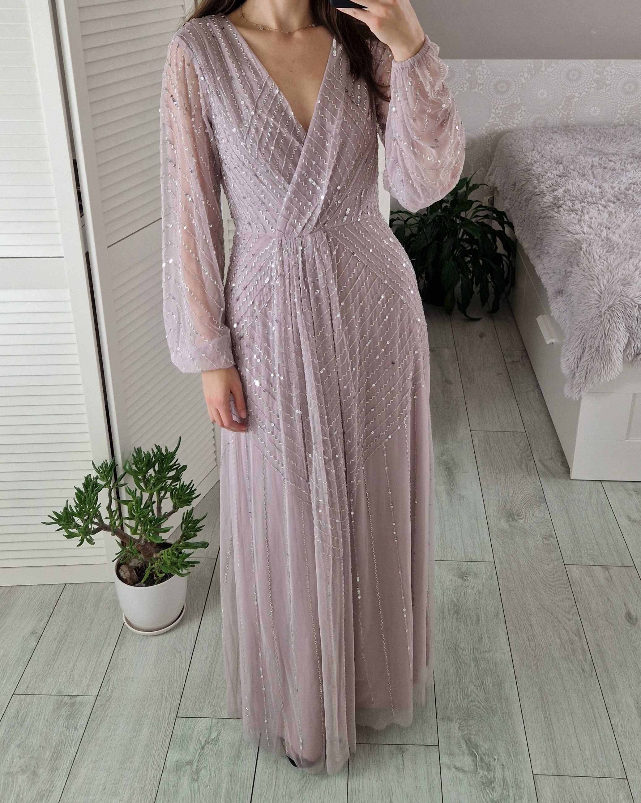 Frock&frill sukienka pudrowa maxi zdobiona tiulowa z długim rękawem S
