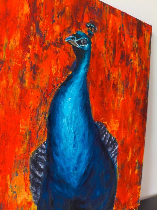 Obraz Olej Paw Czerwień 40x60 Impasto Abstrakcja Pióra Faktura
