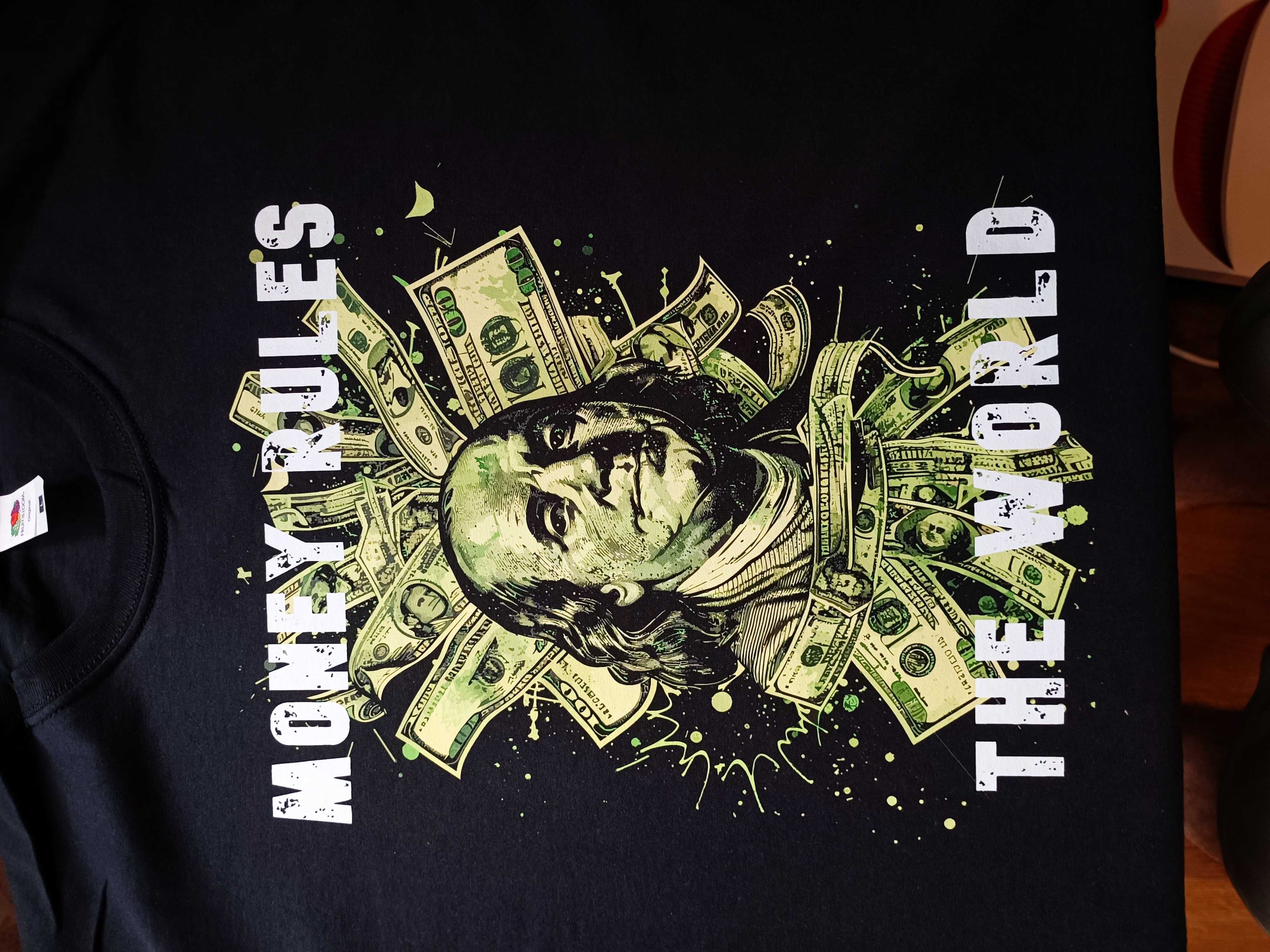 czarny tshirt meski rozm L ''MONEY RULES THE WORLD'