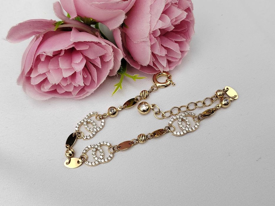 NOWA Złota Bransoletka CC Białe 19cm / Złoto 585