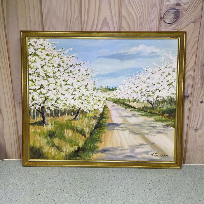 Pejzaż olejny ręcznie malowany kwitnący sad