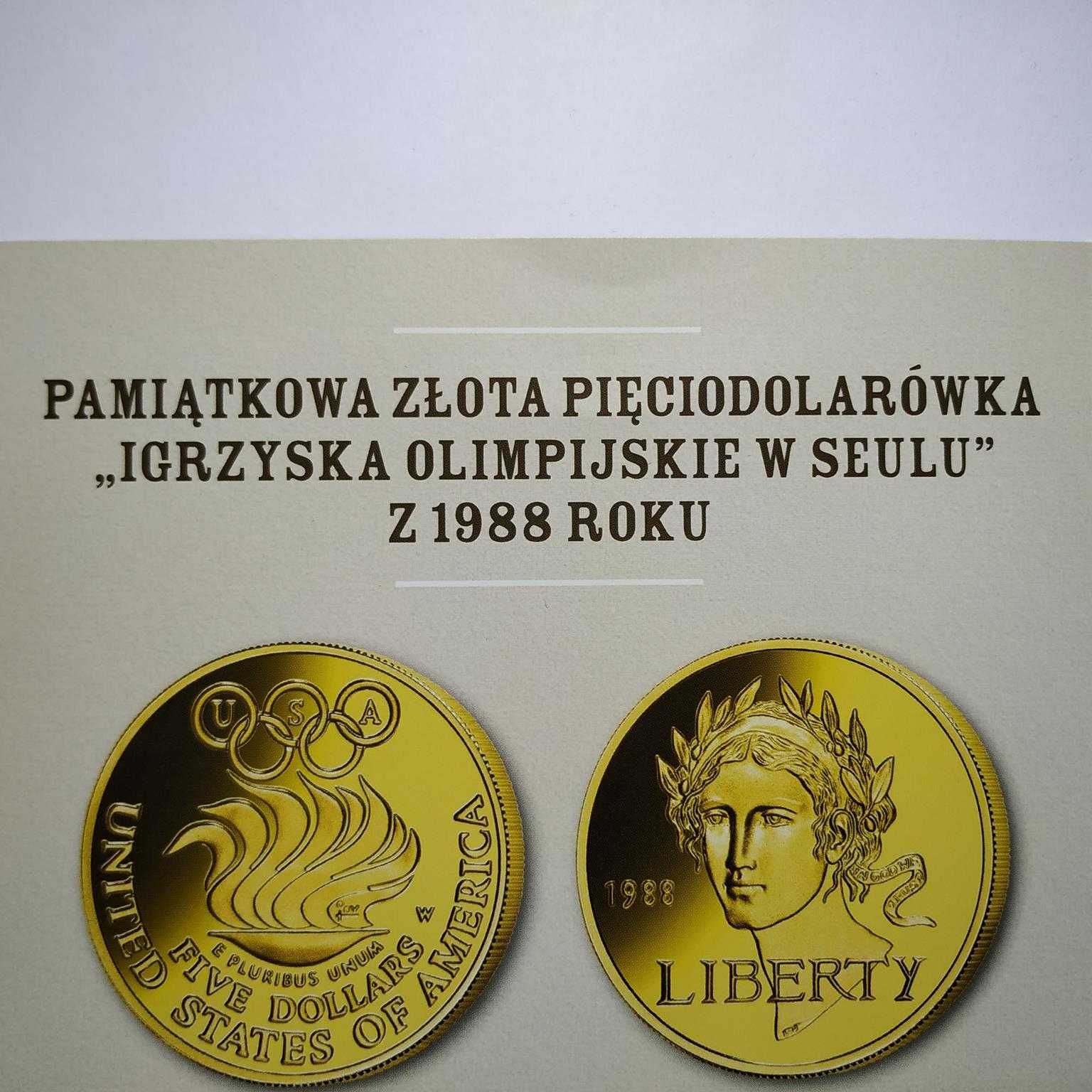 Złote 5 Dolarów Pamiątkowe   „IGRZYSKA OLIMPIJSKIE W SEULU” z 1988 r