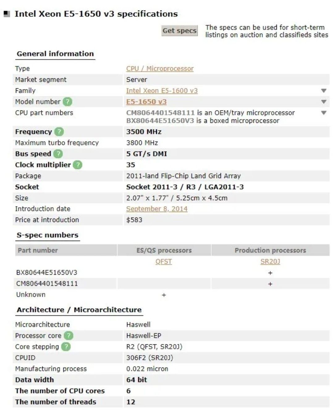 Процесор Intel Xeon E5 1650 v3 3.8 Ghz