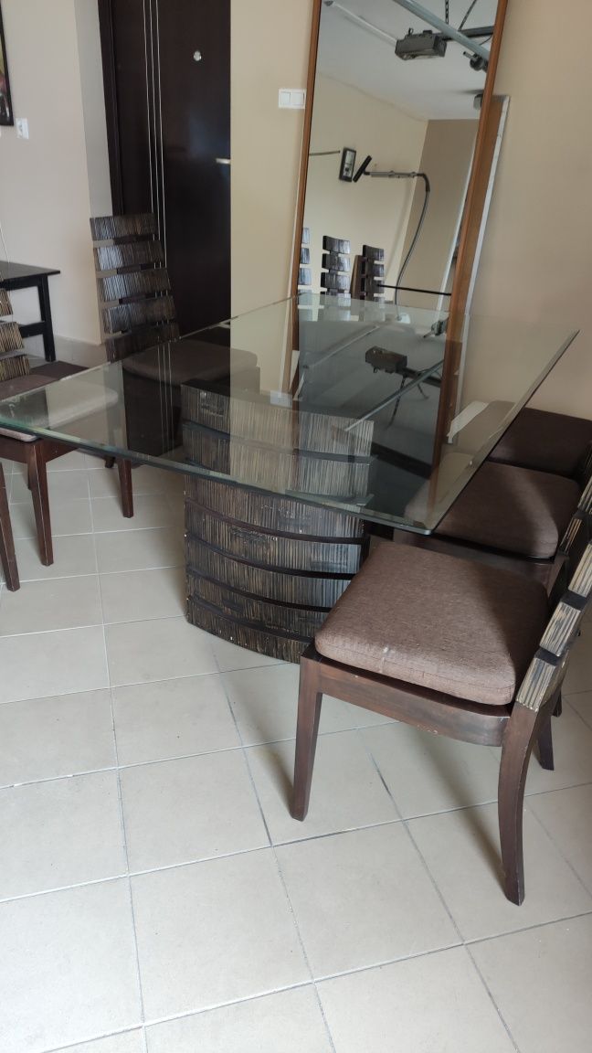 Szklany stół z krzesłami bambus 180x110x75
