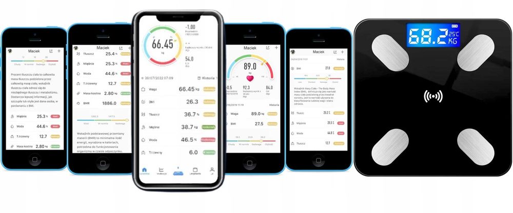 WAGA ŁAZIENKOWA analityczna elektroniczna BLUETOOTH 180KG smart 25w1
