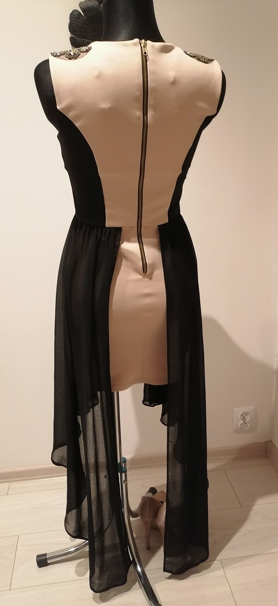Suknia sukienka S M czarna beżowa   tren