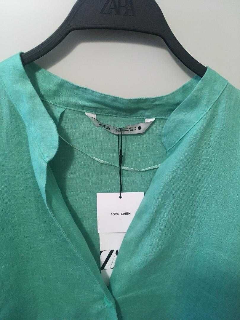 ZARA koszula asymetryczna 100% len w kolorze zielonym XS NOWA