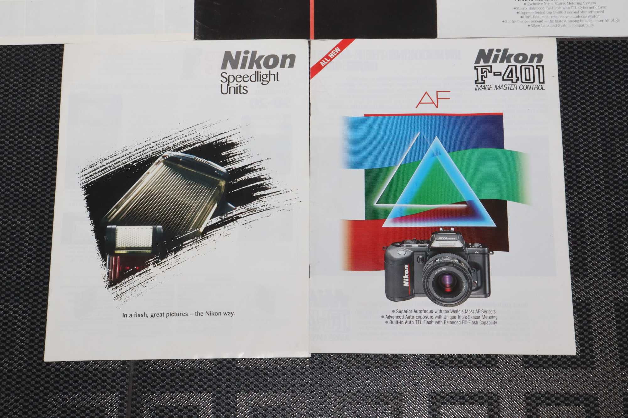 NIKON zestaw katalogów prospektów F3 F-801 F-401 obiektywy lampy