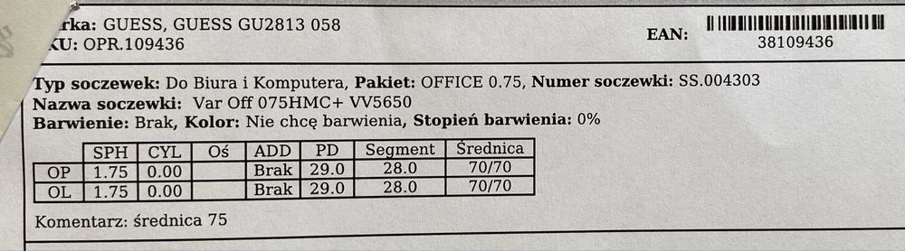Piękne okulary Guess Soczewki OFFICE +1.75