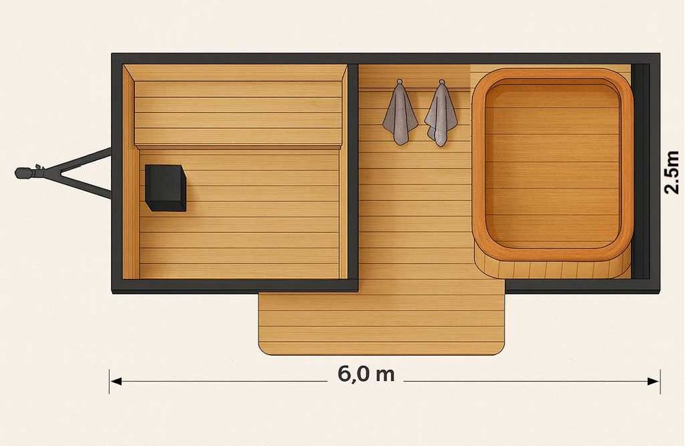 Mobilna sauna z jacuzzi piecem przyczepą schodki balia basen transport
