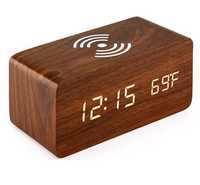 Деревянные цифровые часы с беспроводной зарядкой, датой, температурой.