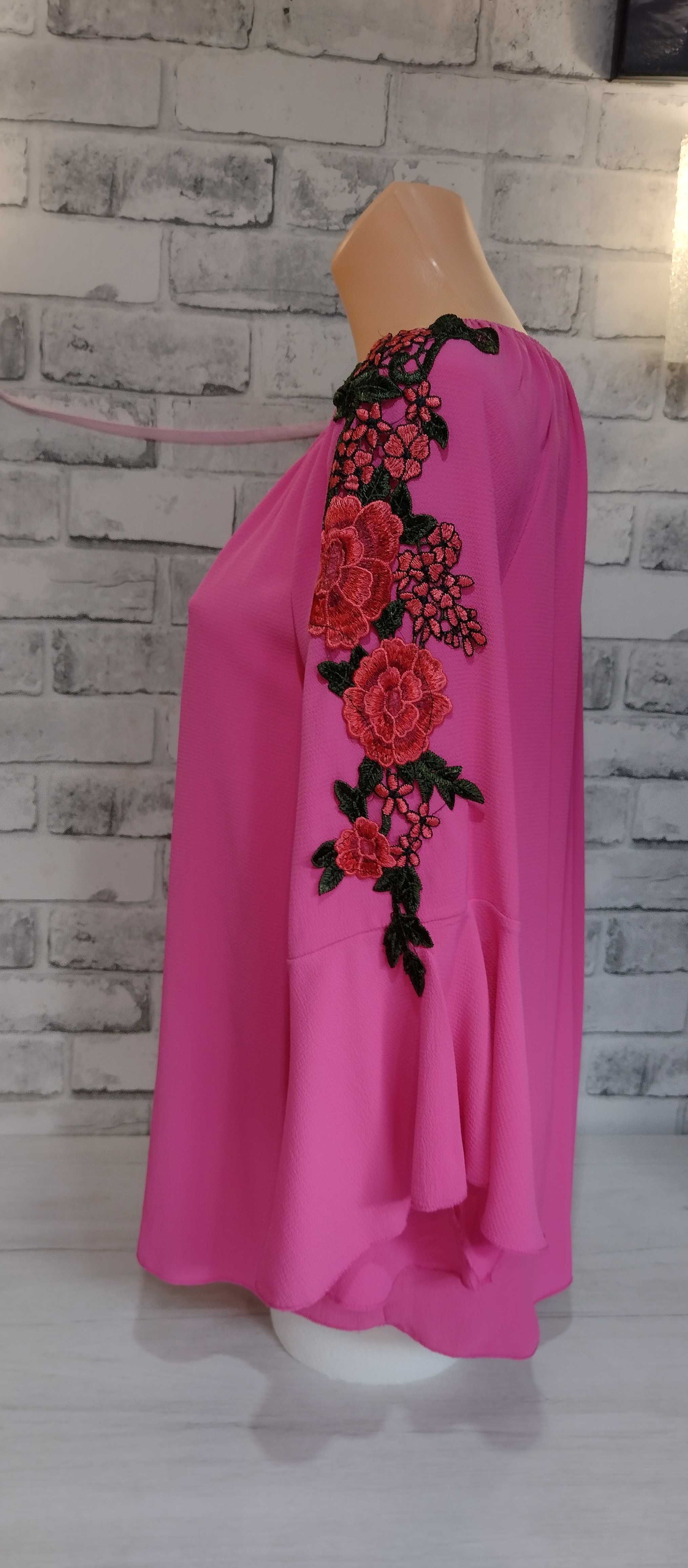 różowa zwiewna tunika bluzka bluzeczka rękaw 3/4 dzwon oversize S-XL
