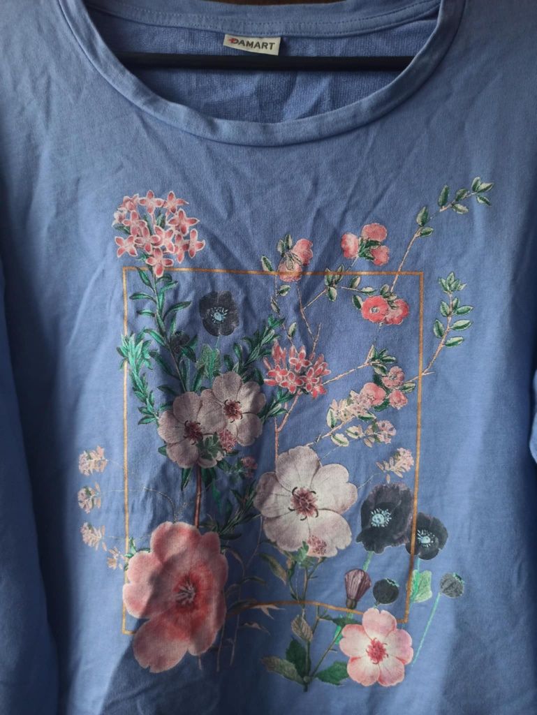 Piękna bawełniana bluzka niebieska bluzka XXXL 4XL kwiaty 100% bawełna