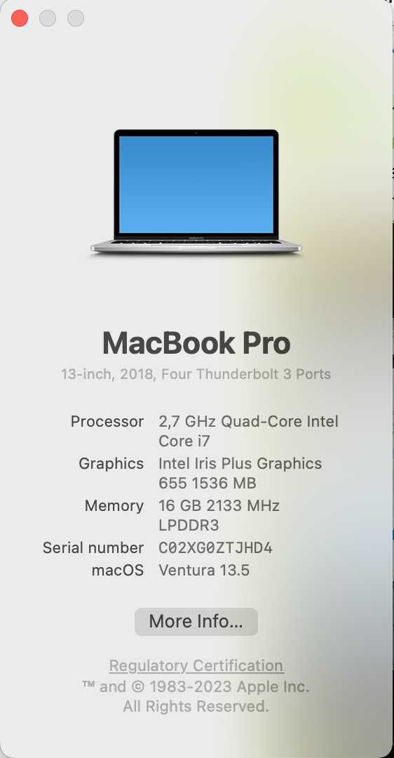 MacBook Pro, 2018, 13'', 4 usb-c, i7, 16Gb, 2Tb SSD