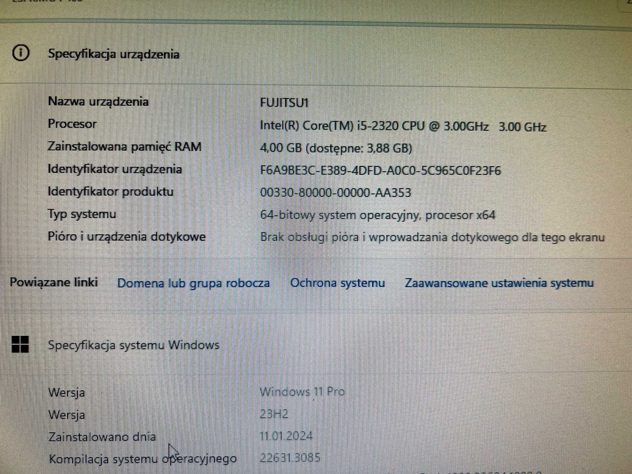 Komputer stacjonarny Fujitsu Esprimo P400/i-5/4GB/SSD/Windows 11 Pro
