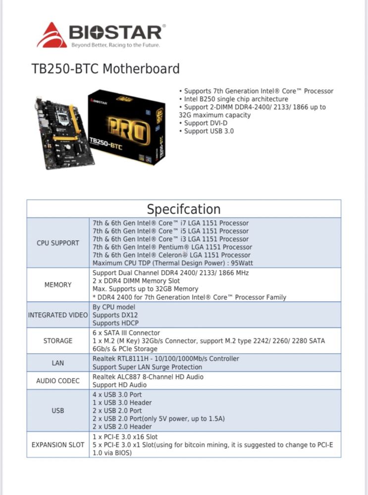 Motherboard Biostar TB 250-BTC