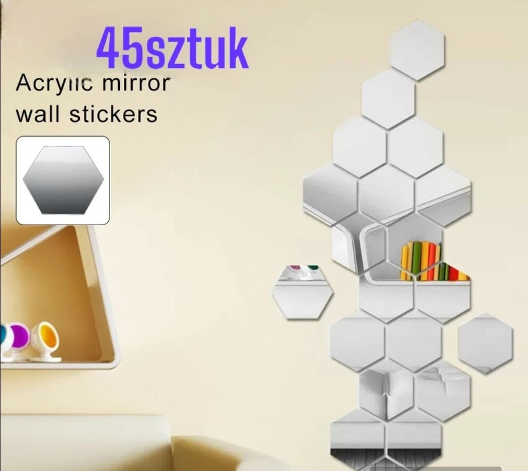 45szt naklejka lustro hexagon ozdoba dekoracja srebrne przyklejane l