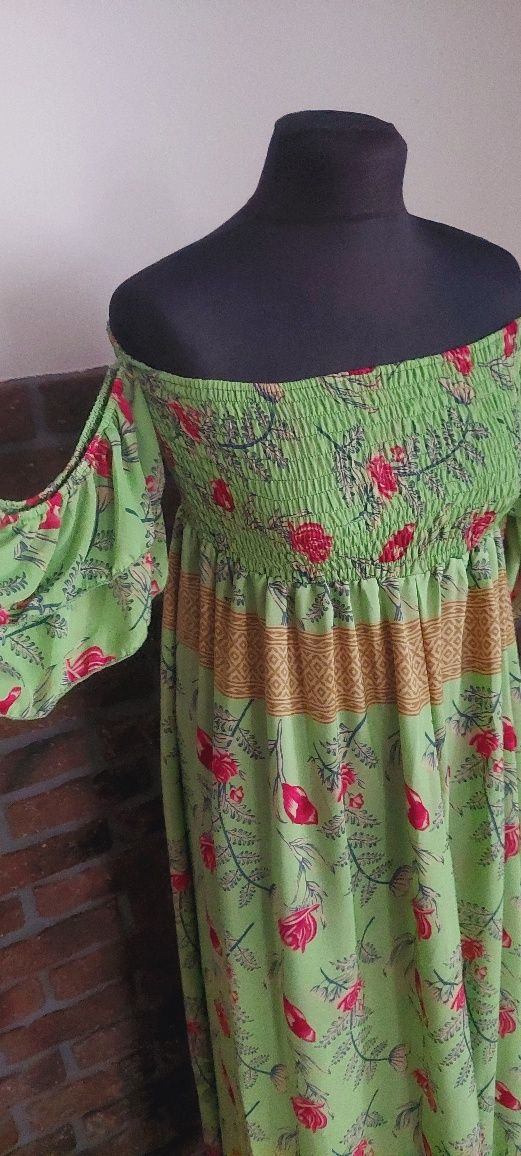 Sukienka jedwabna jedwab hiszpanka boho silk etno kwiaty indyjska I