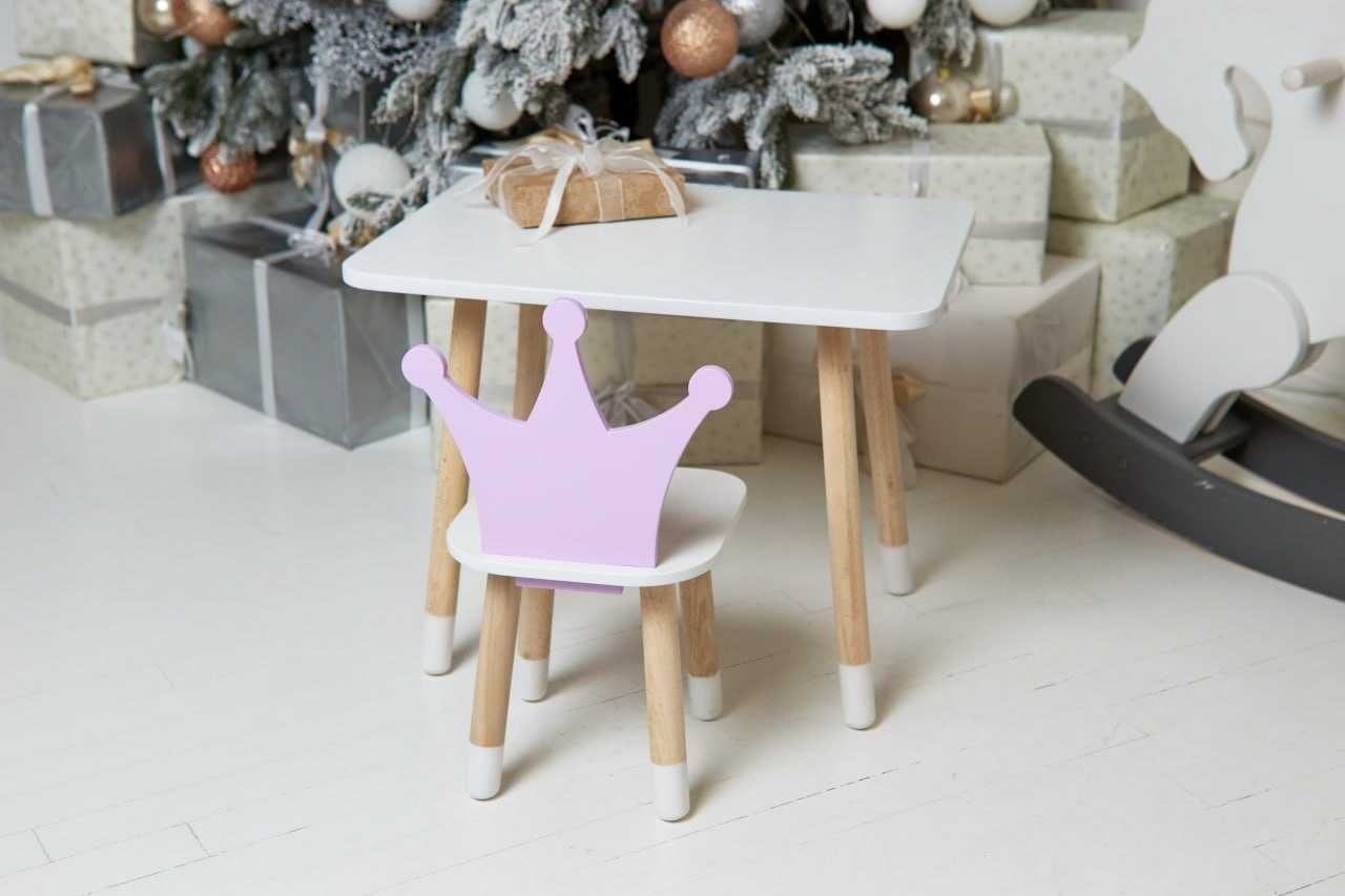 Дитячий білий прямокутний стіл і стільчик фіолетова корона