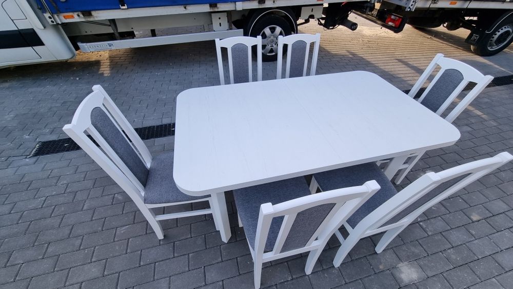 Nowe: Stół rozkładany z 6 krzesłami, OD RĘKI, biały + szary