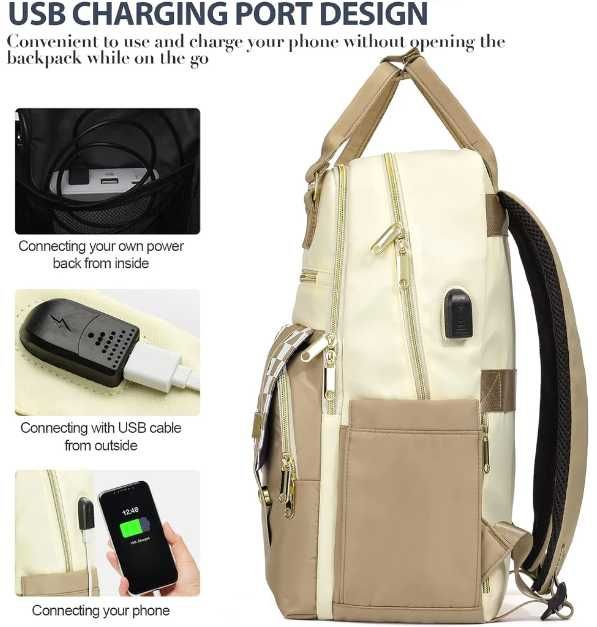 Plecak damski, na laptopa 15,6 cala z portem USB, beżowy