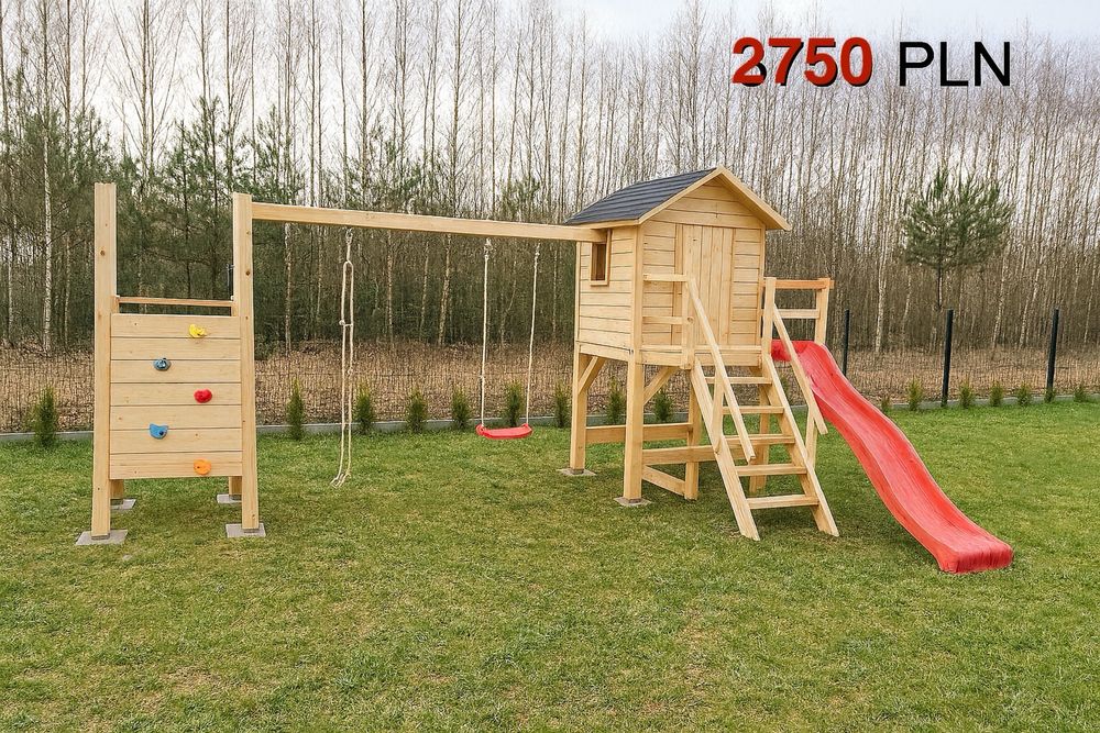 Nowy plac zabaw/ Domek dla dzieci/ Zjeżdżalnia/ Piaskownica/ Ślizg