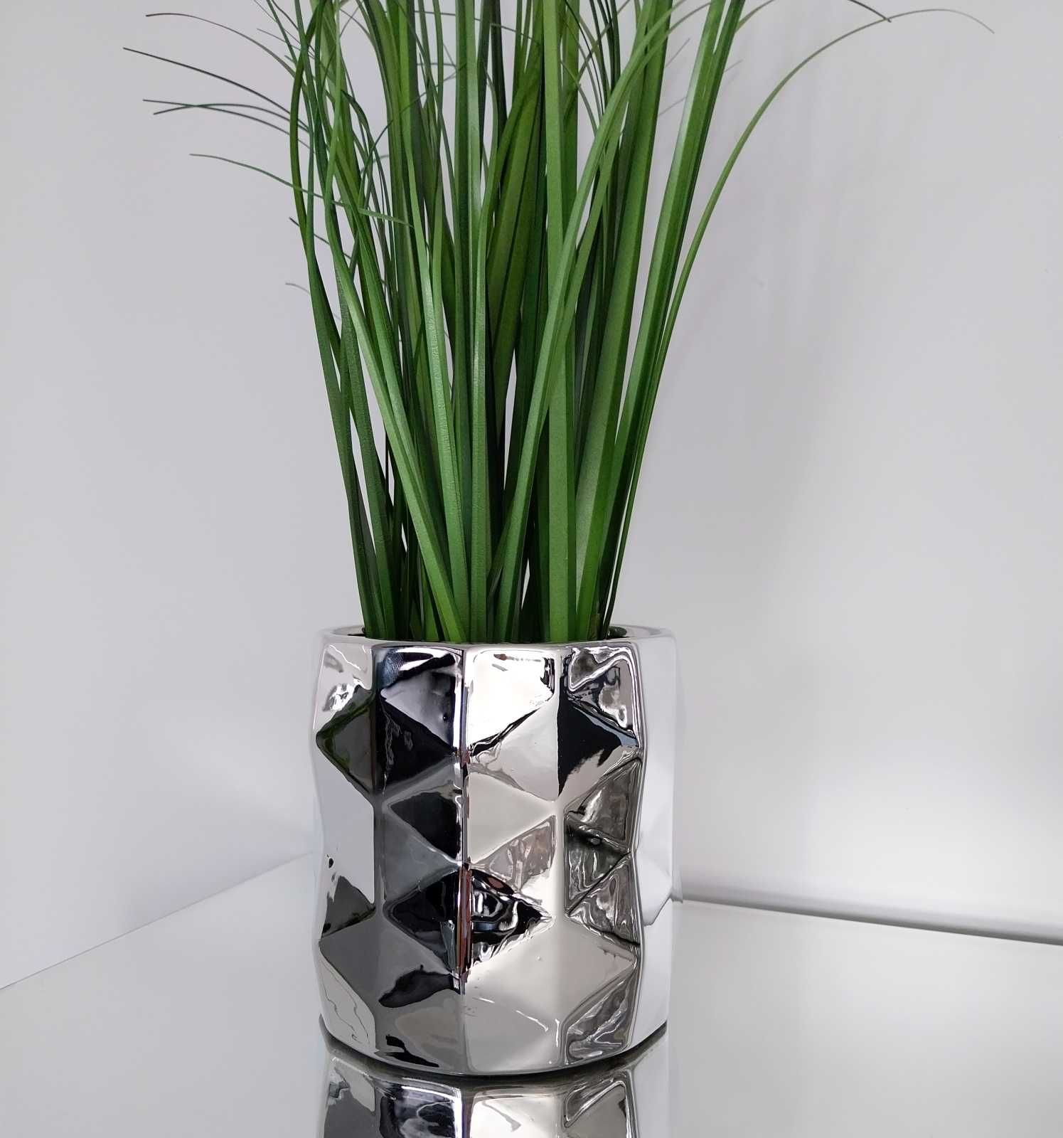 Doniczka na kwiaty srebrna osłonka ceramiczna glamour nowoczesna 13cm