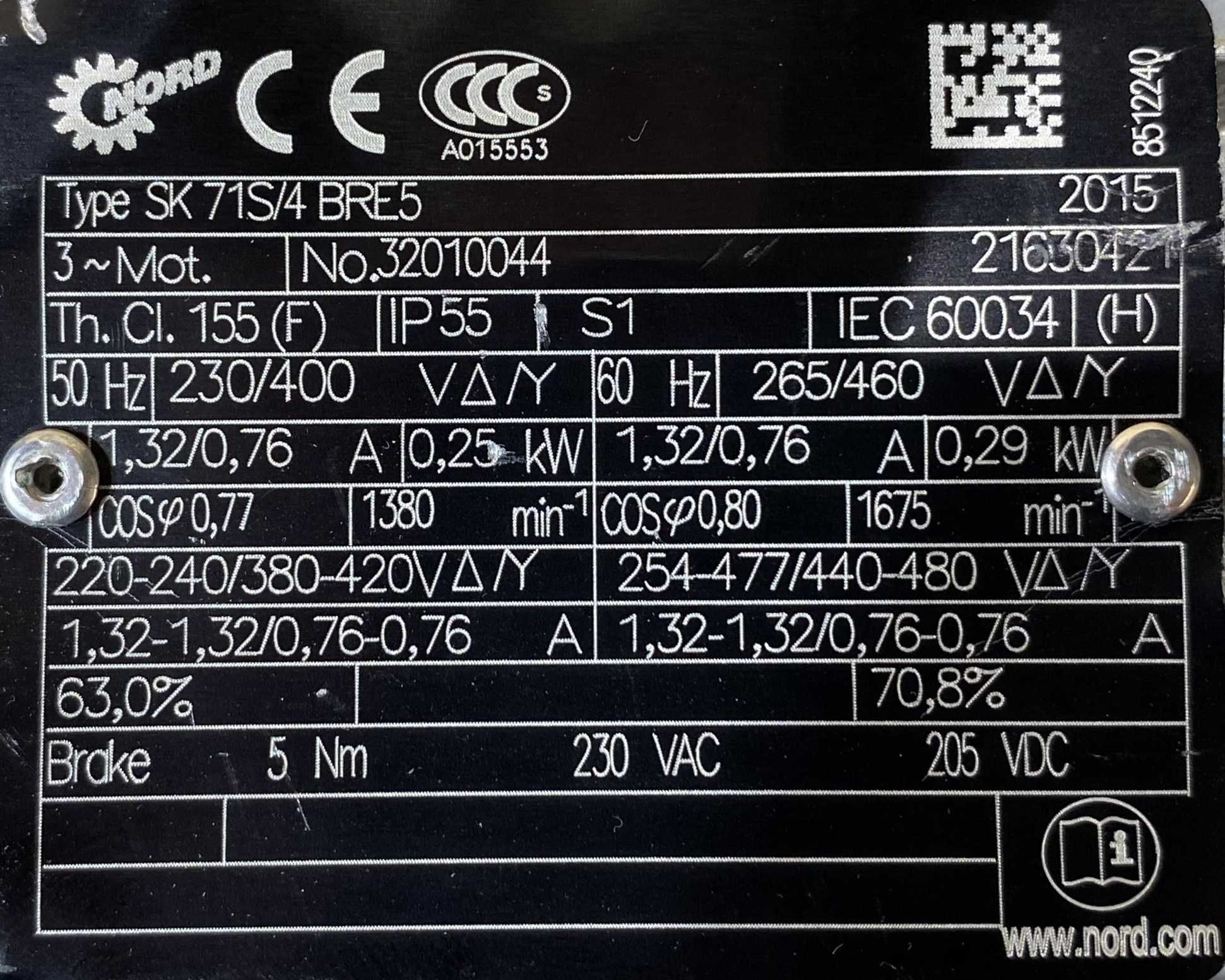 motoreduktor / przekładnia 0,25kW 93obr. 3fazowy HAMULEC NORD