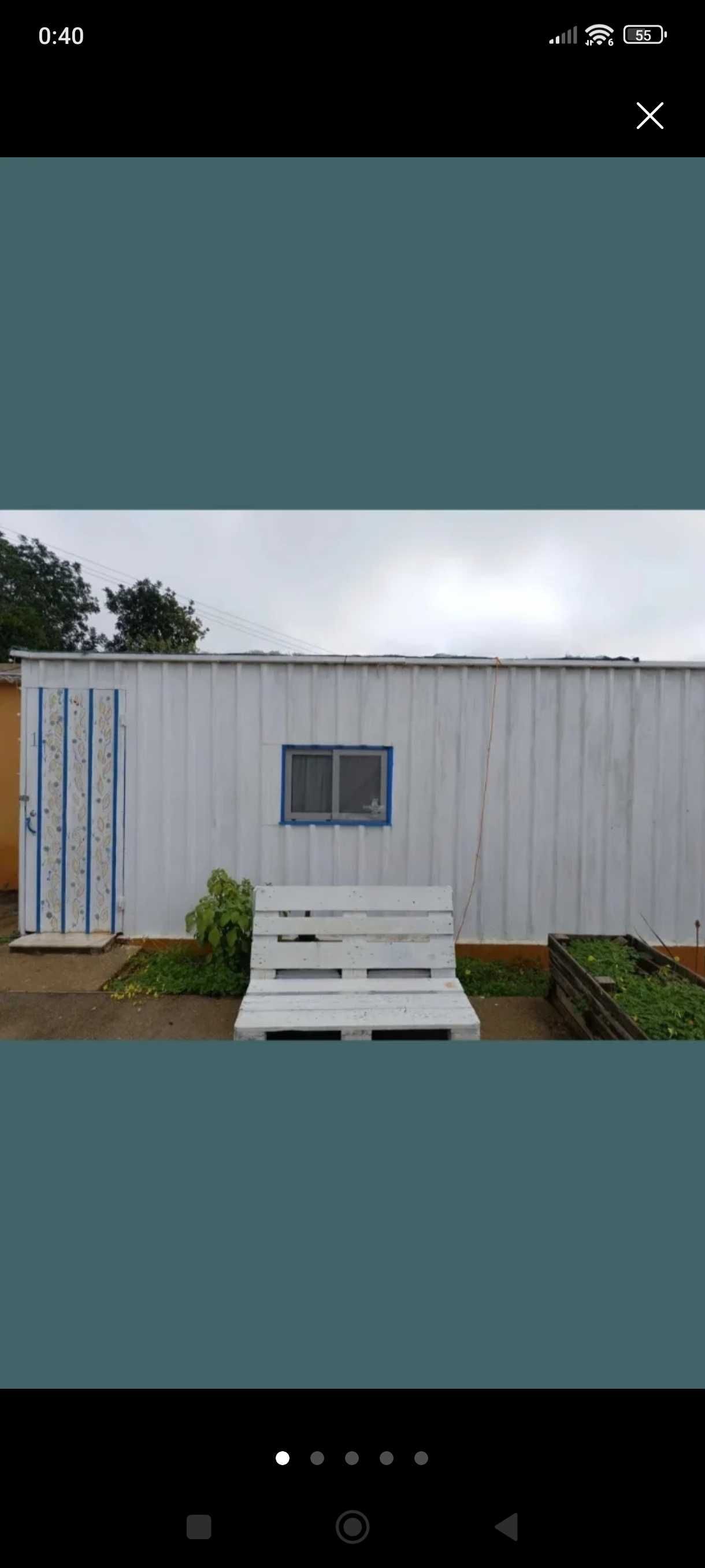 Um container/contentor e uma casinha/casota de madeira na venda