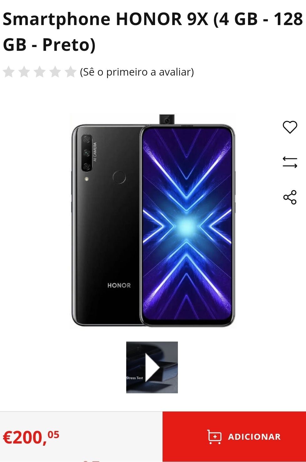 Vendo Smartphone Novo HONOR 9x (6.5'' - 4 GB - 128 GB - Preto)