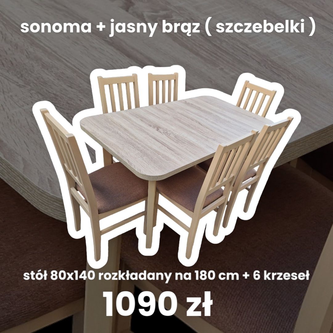 Nowe: Stół 80x140/180 + 6 krzeseł,  sonoma + jasny brąz ( szczebelki)