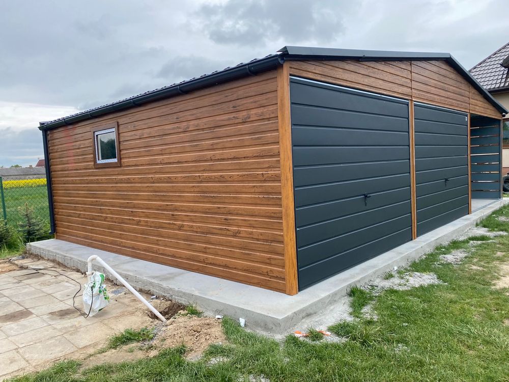Garaż blaszany 6x5.8 plus wiata 3x5.8, profil zamknięty, drewnopodobny