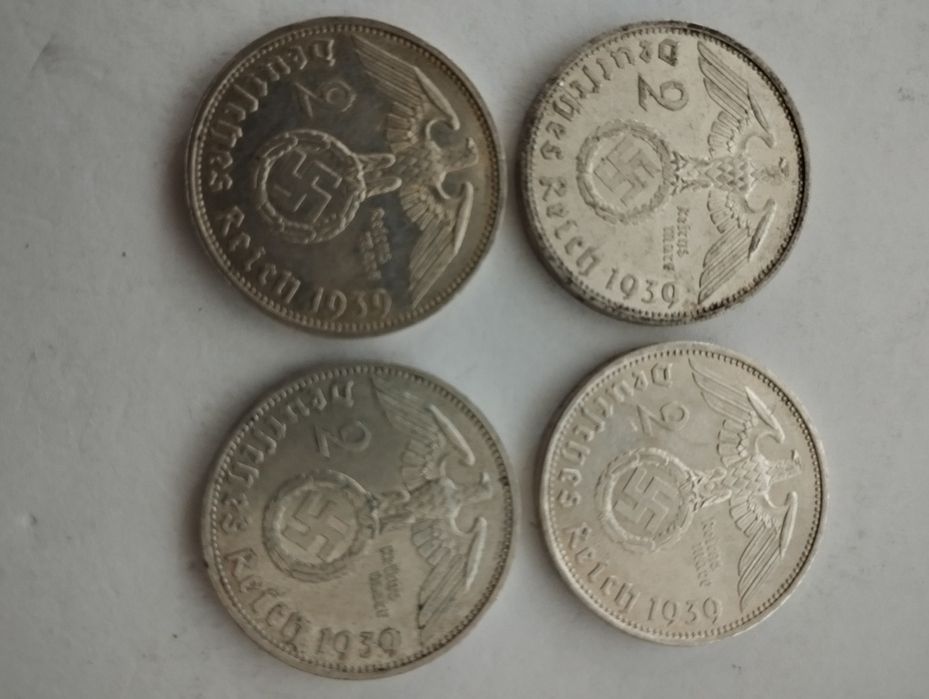 Moedas Prata 2 Reichsmark 1937, 1938 e 1939 com cruz suástica Alemanha