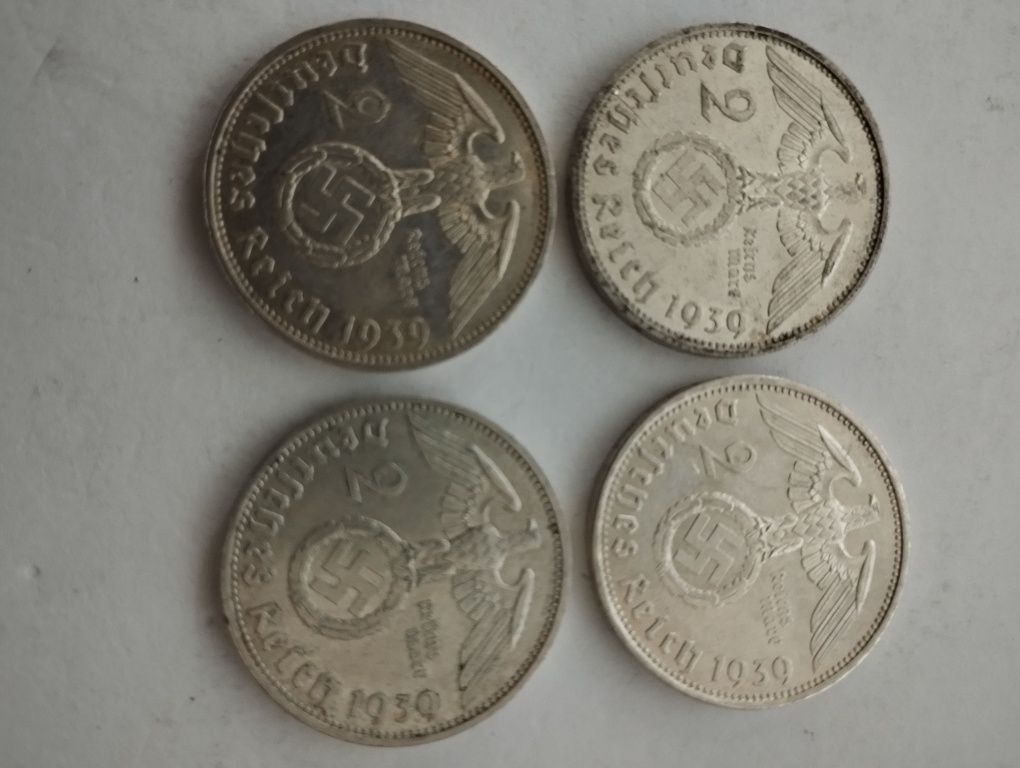 Moedas 2 Reichsmark 1937, 1938 e 1939 em prata com suástica Alemanha