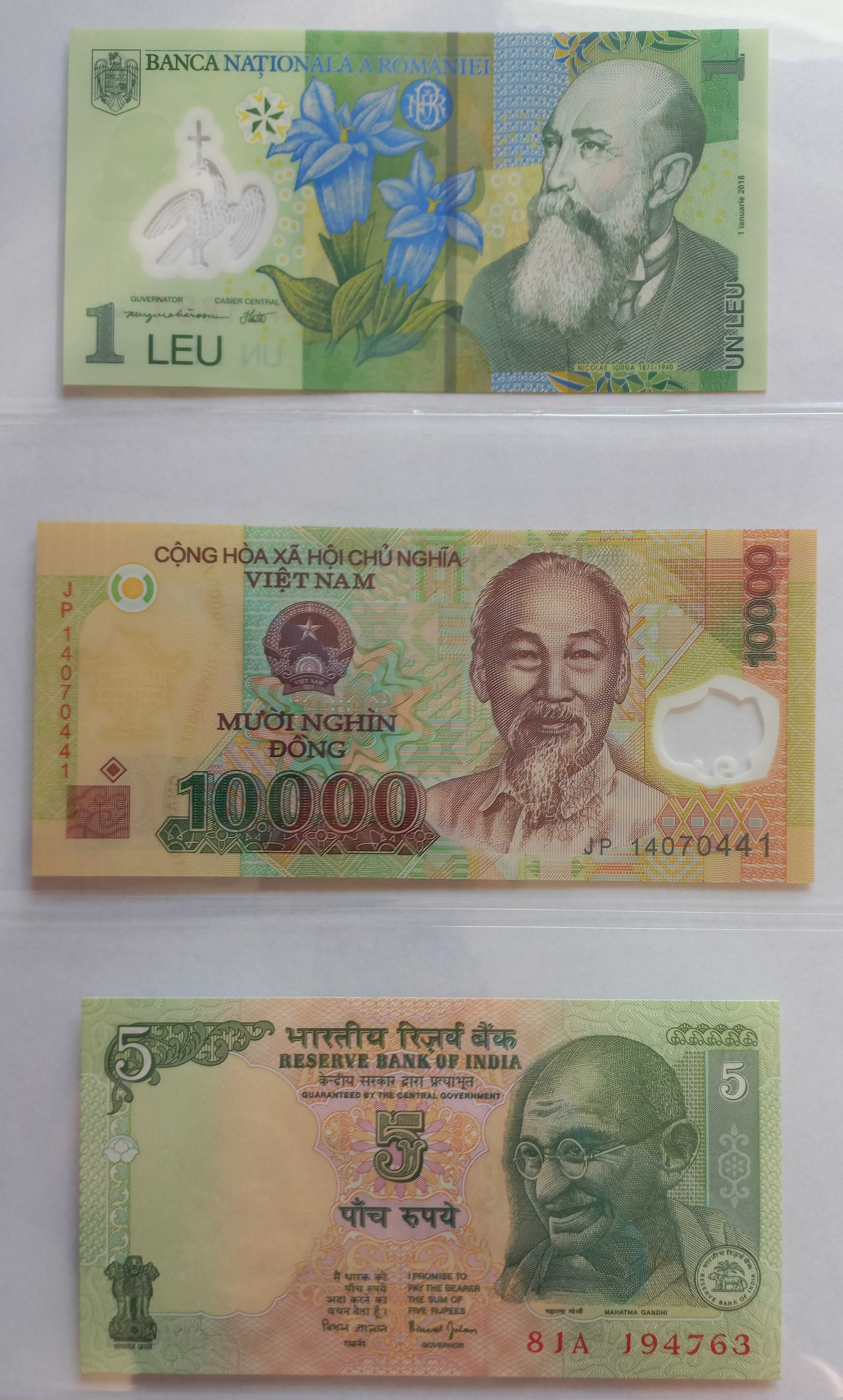 Banknoty - Rumunia, Wietnam, Indie.  1 leu, 10000 Dong,  5 Rupia UNC