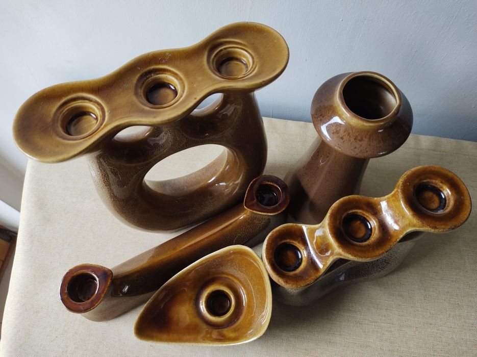 Ceramika Mirostowice świecznik wazon zestaw (5sztuk) kolekcja PRL