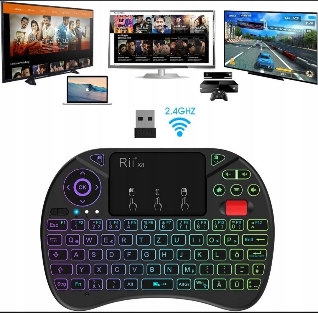 Mini Bezprzewodowa Klawiatura Touchpad Smart LED USB Rii X8