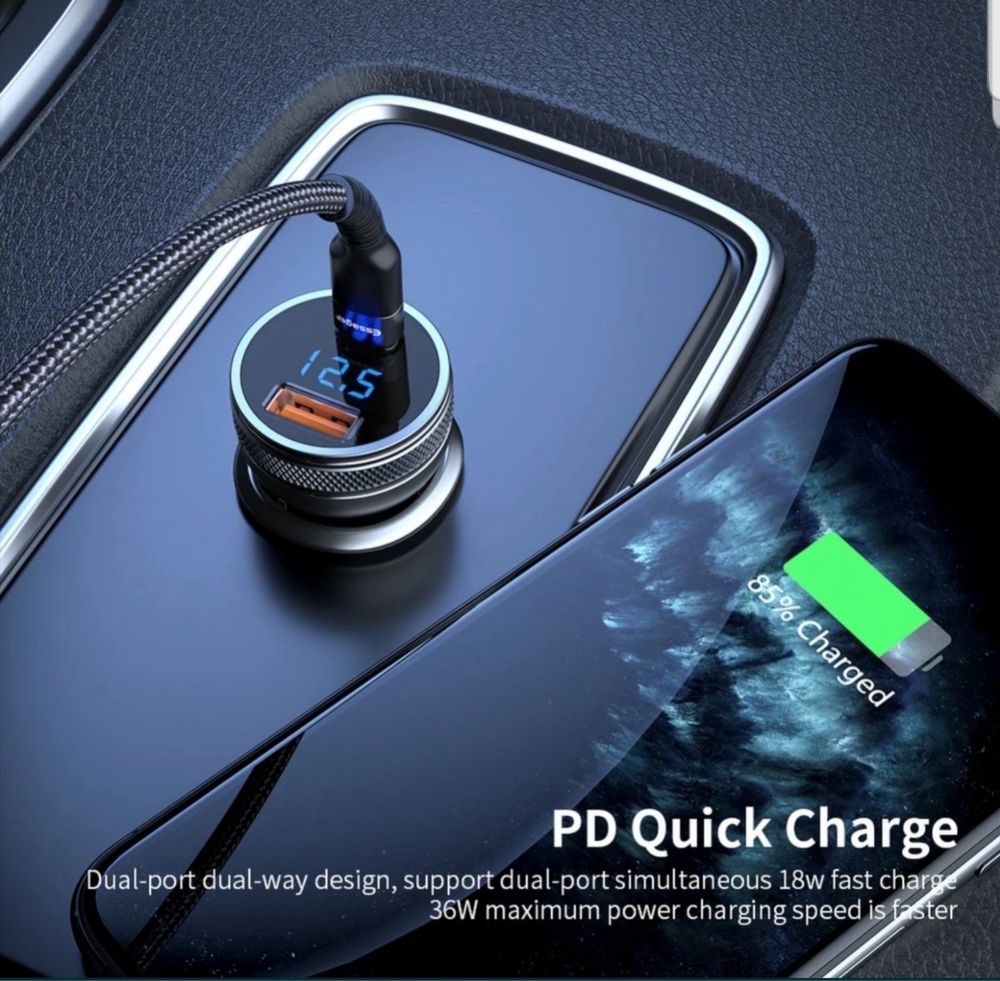 Швидка автомобільна зарядка 36W в прикурювач USB+Type C з вольтметром