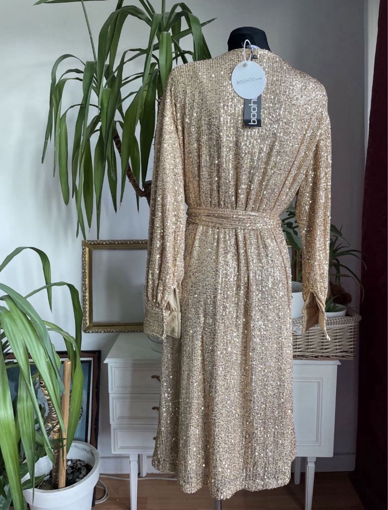 Boohoo kopertowa cekinowa sukienka midi 40 L 42 xl 44 xxl