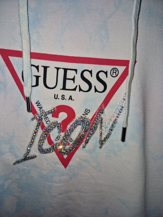 Bluza ICON logo blue Guess M oversize tie dye cyrkonie napis